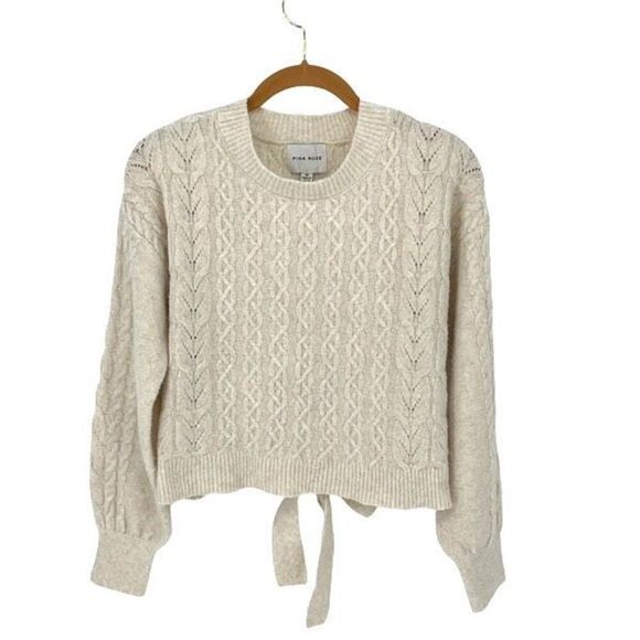 Pink Rose Womens Pointelle Cable‎ Knit Crew Neck Pullover Sweater Cream XS - Picture 1 of 7
